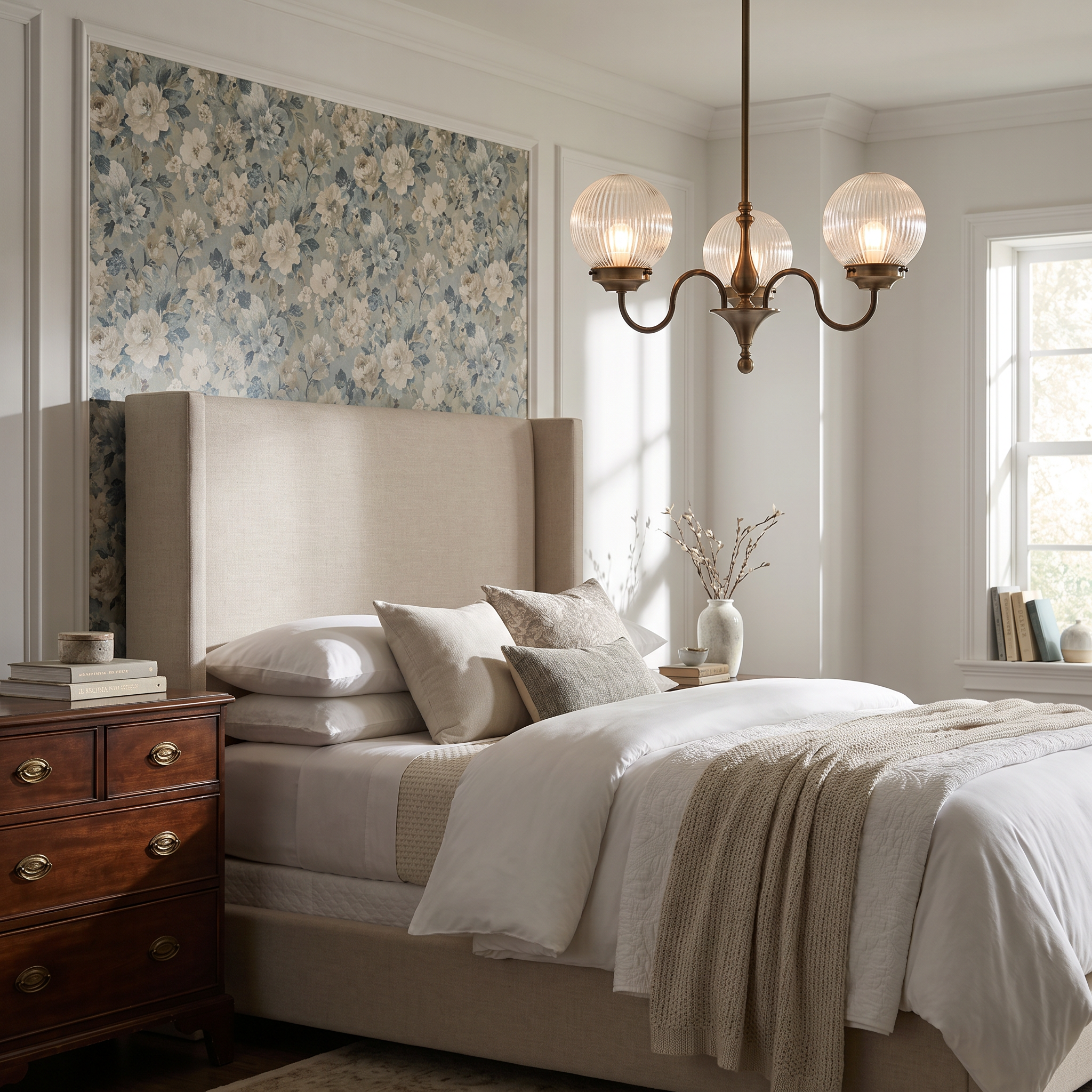 Antique brass ribbed glass chandelier in an elegant bedroom