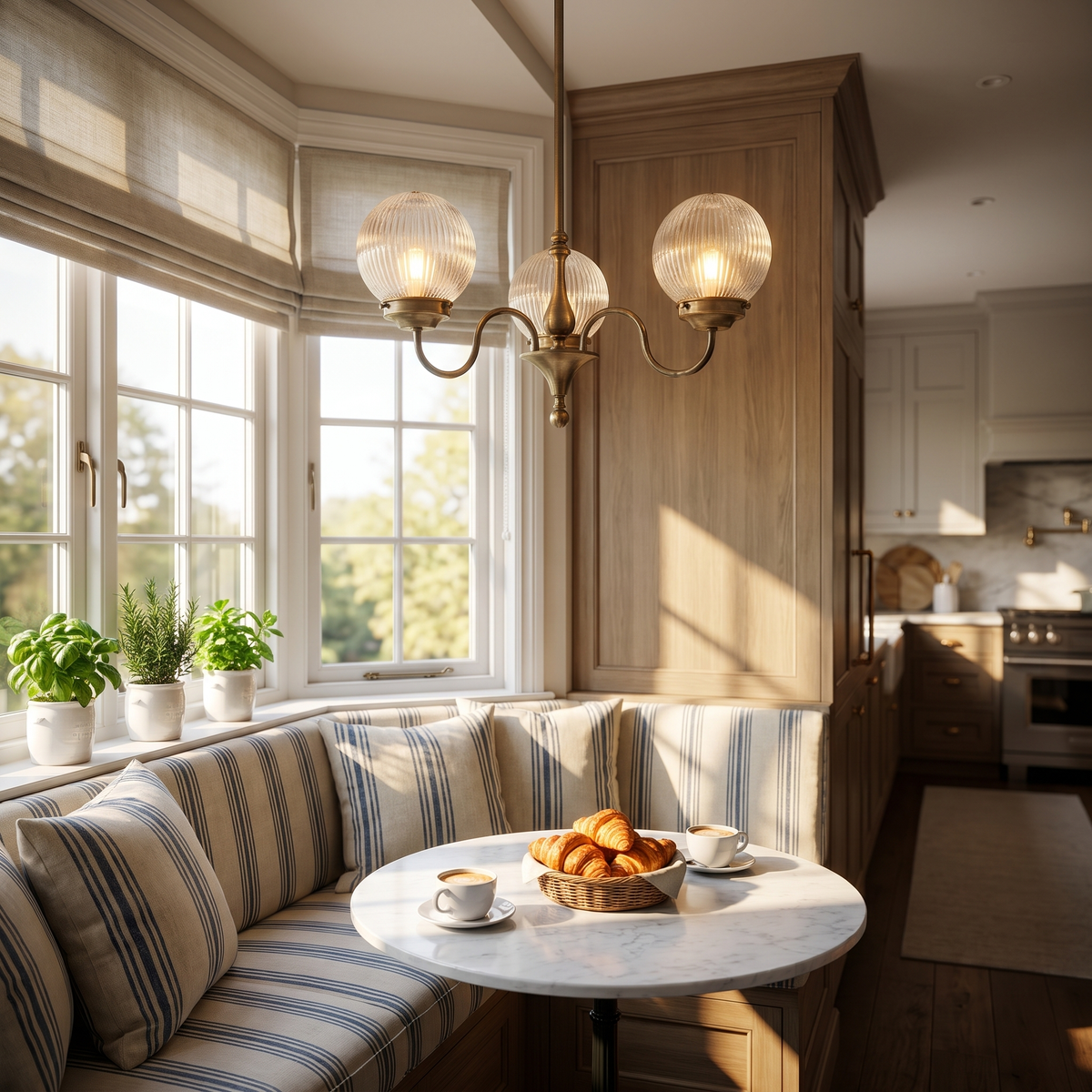 Antique brass globe chandelier in a sunny breakfast nook
