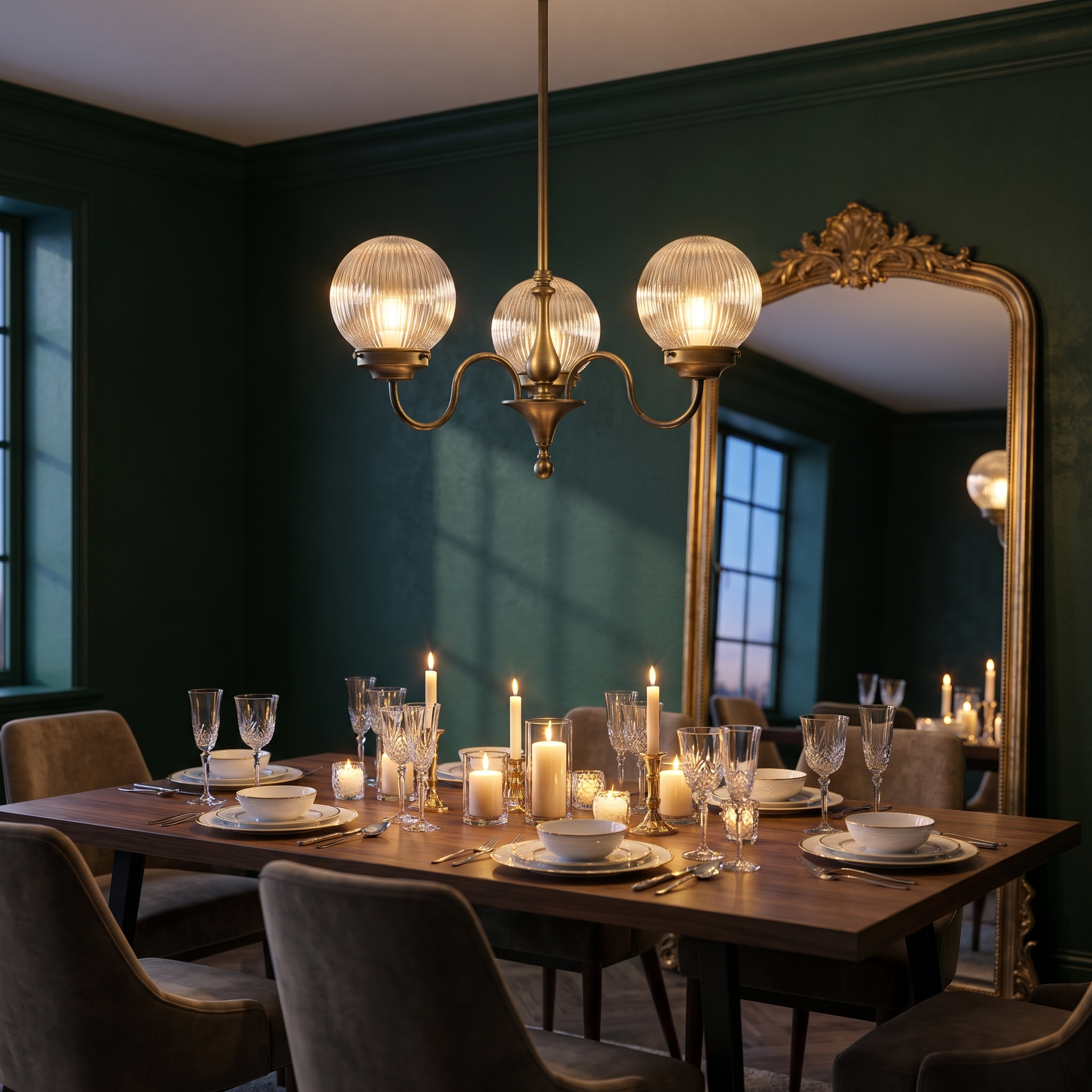 Antique brass globe chandelier over a candlelit dining table with green walls