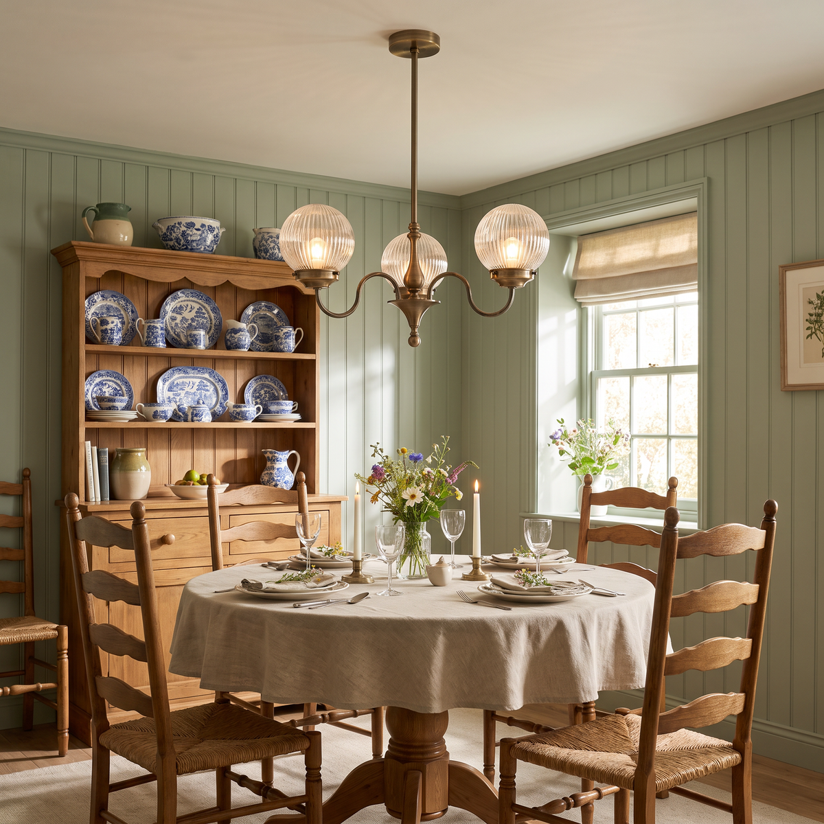 Antique brass globe chandelier over a round table in a sage cottage dining room