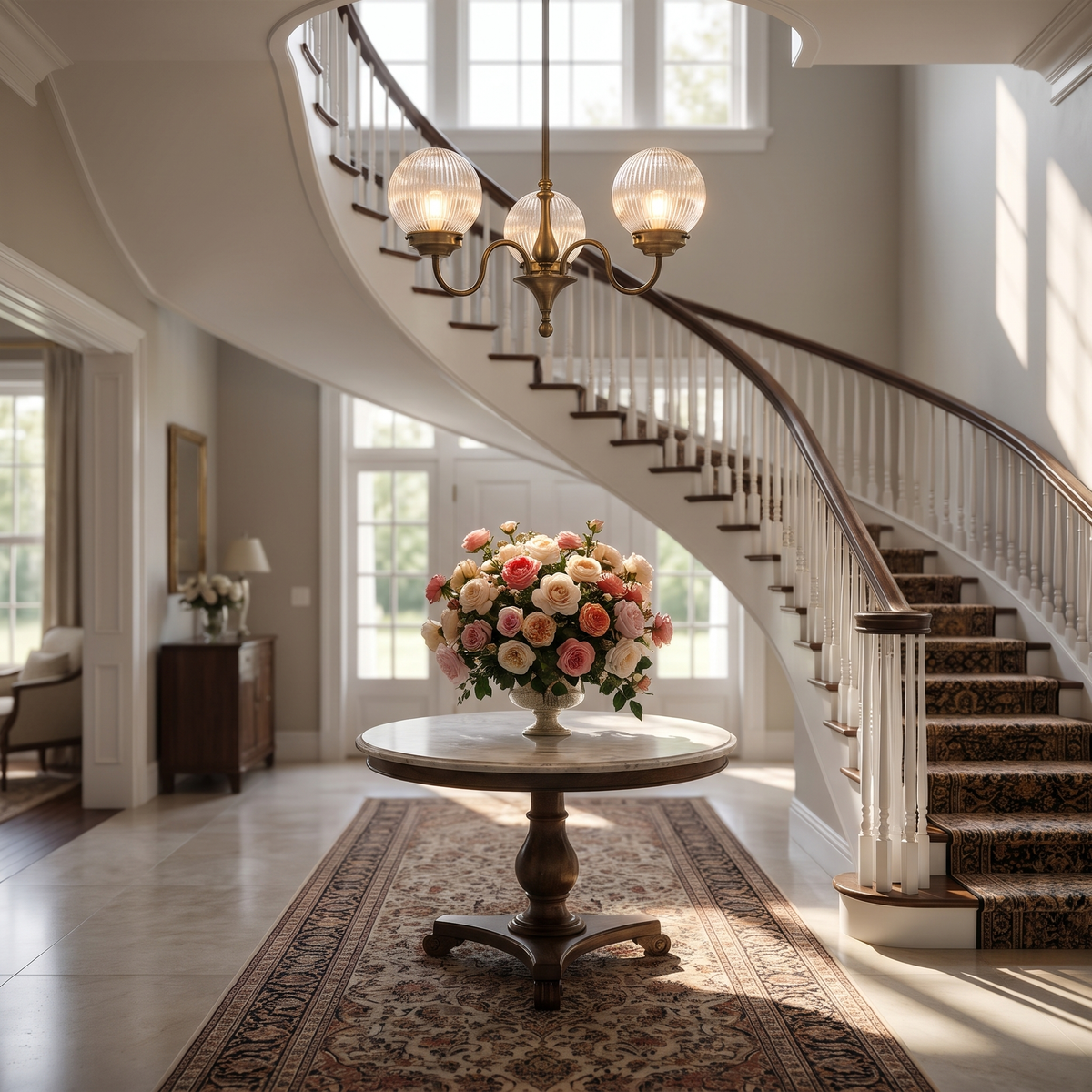 Antique brass globe chandelier above a center table in a curved stair hall