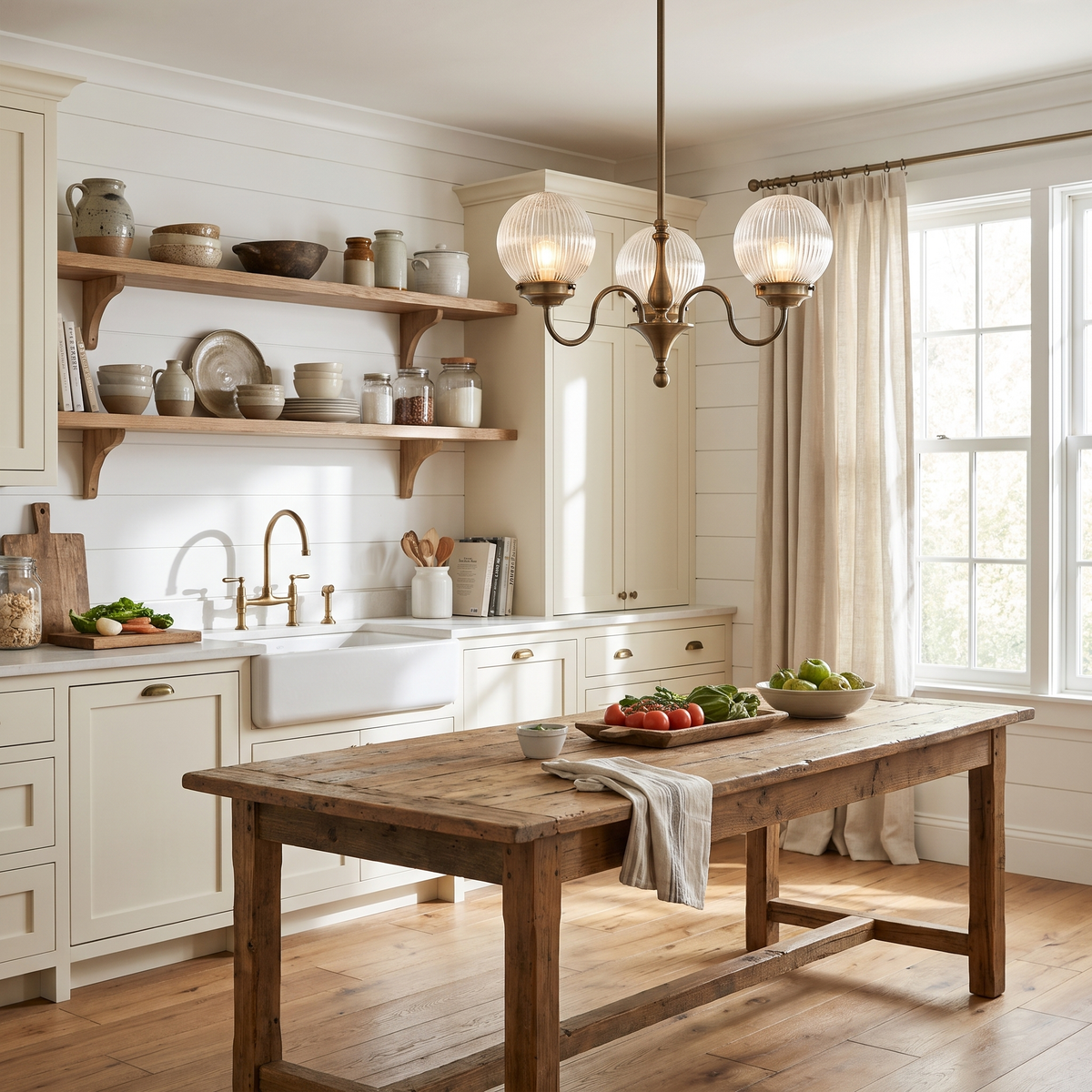 Antique brass globe chandelier over a farmhouse worktable in a cream kitchen