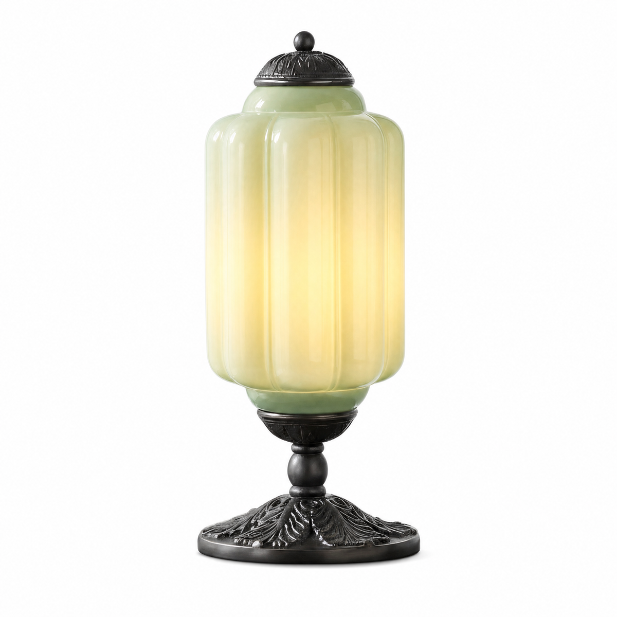 Opalina Fiorita fluted table lamp with green glass shade and black base