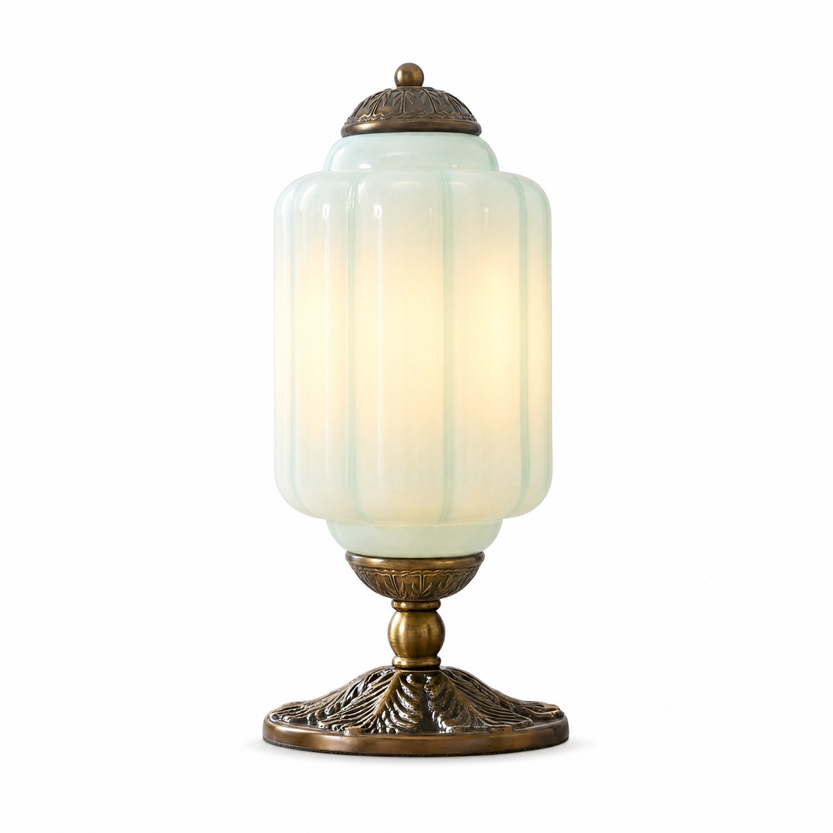 Opalina Fiorita fluted table lamp with blue glass shade and brass base