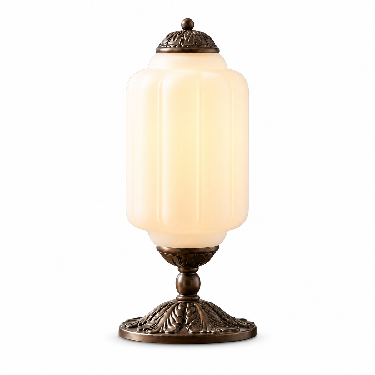 Opalina Fiorita fluted table lamp with white glass shade and brass base