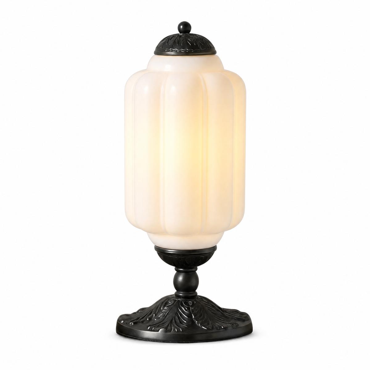 Opalina Fiorita fluted table lamp with white glass shade and black base