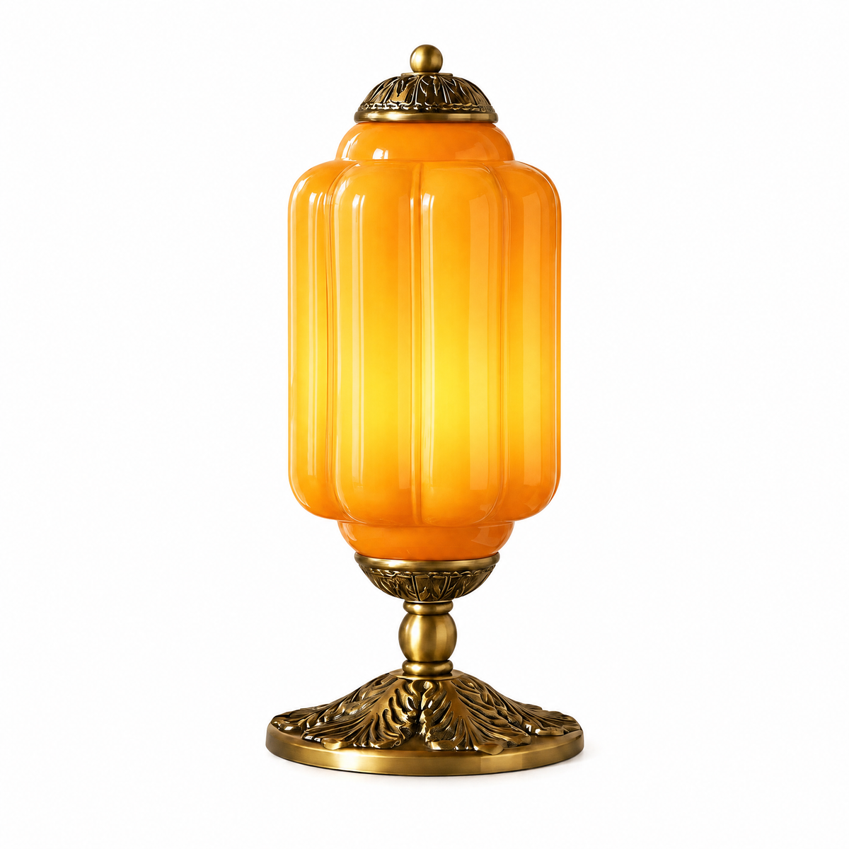 Opalina Fiorita fluted table lamp with orange glass shade and brass base