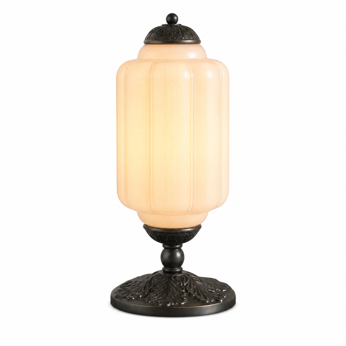 Opalina Fiorita fluted table lamp with pink glass shade and black base