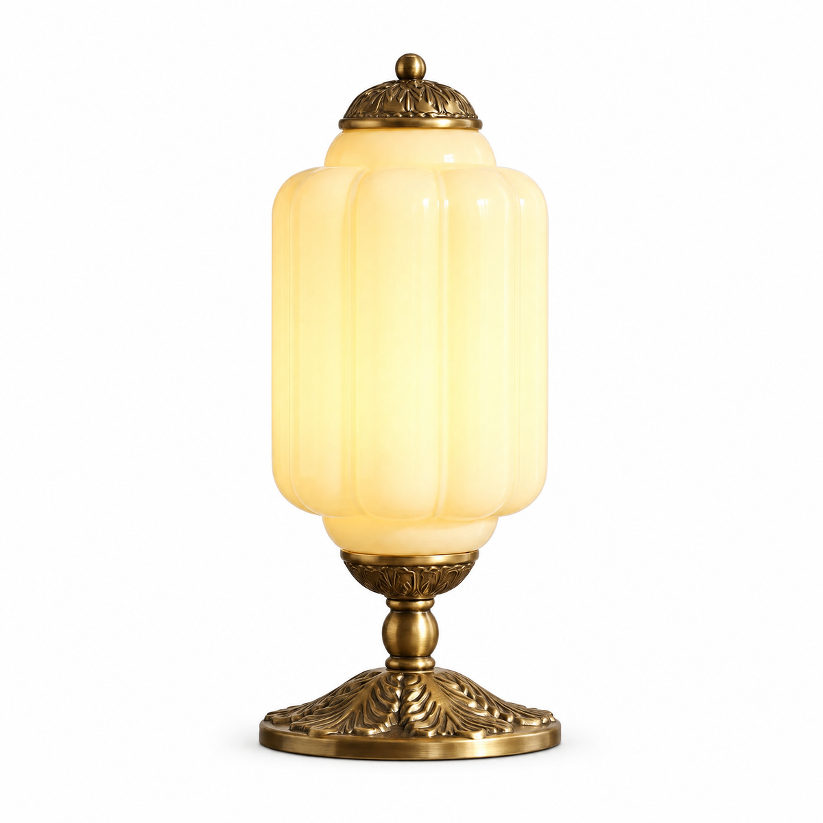 Opalina Fiorita fluted table lamp with yellow glass shade and brass base