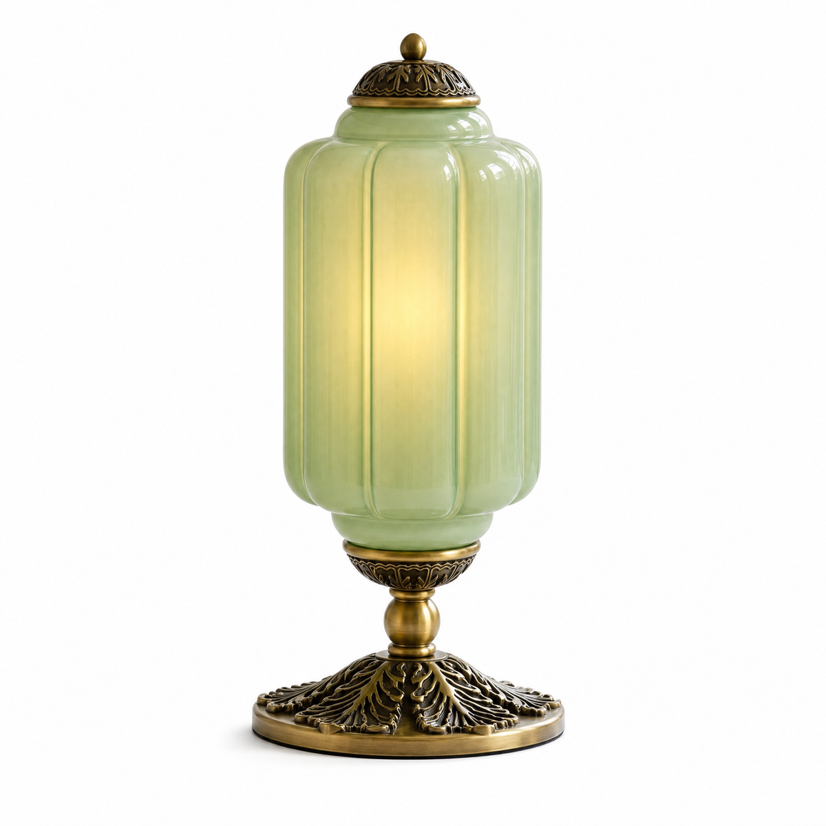 Opalina Fiorita fluted table lamp with green glass shade and brass base