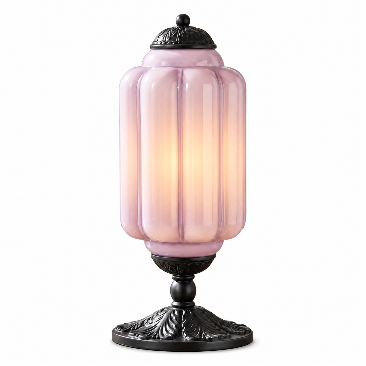 Opalina Fiorita fluted table lamp with lavender glass shade and black base