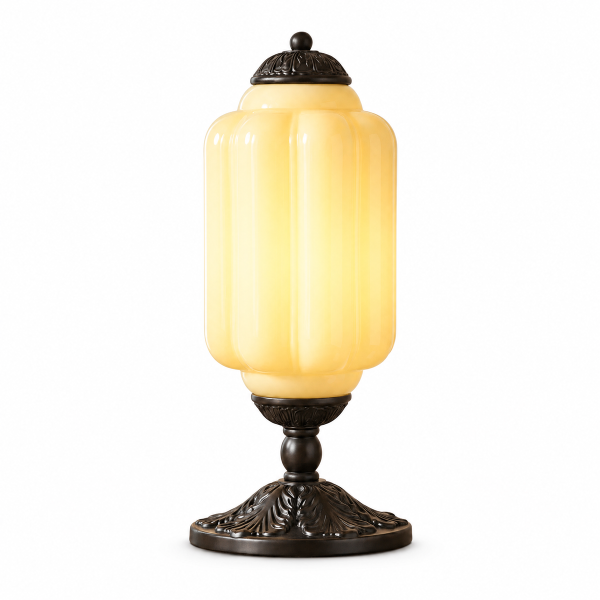 Opalina Fiorita fluted table lamp with yellow glass shade and black base