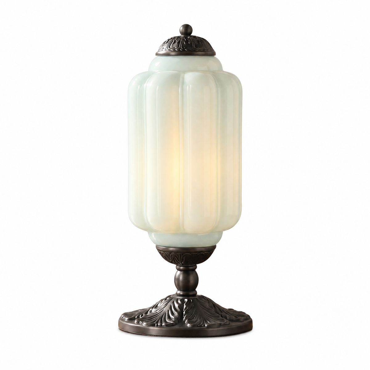 Opalina Fiorita fluted table lamp with blue glass shade and black base