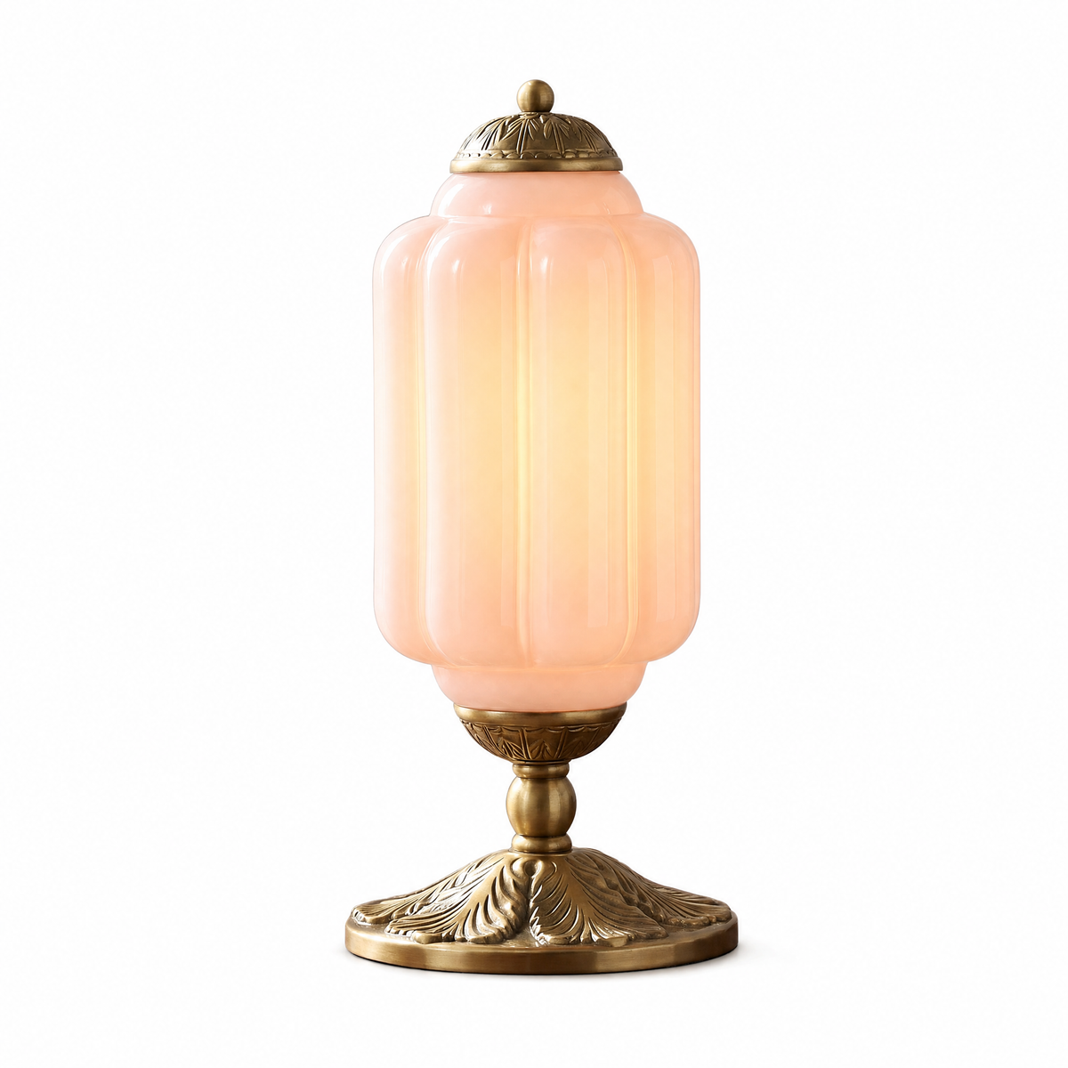 Opalina Fiorita fluted table lamp with pink glass shade and brass base
