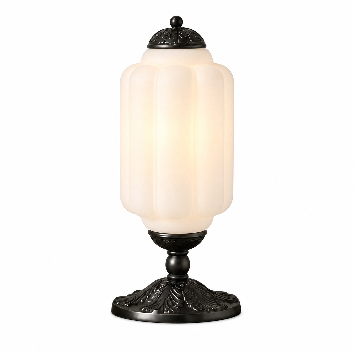 Opalina Fiorita fluted table lamp with frosted glass shade and black base