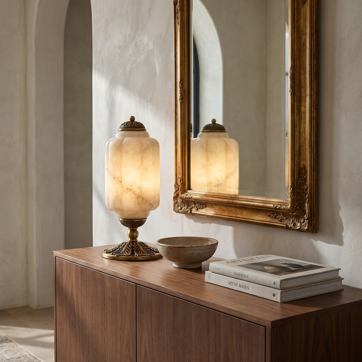 Alabaster table lamp on a walnut console below a gilt mirror