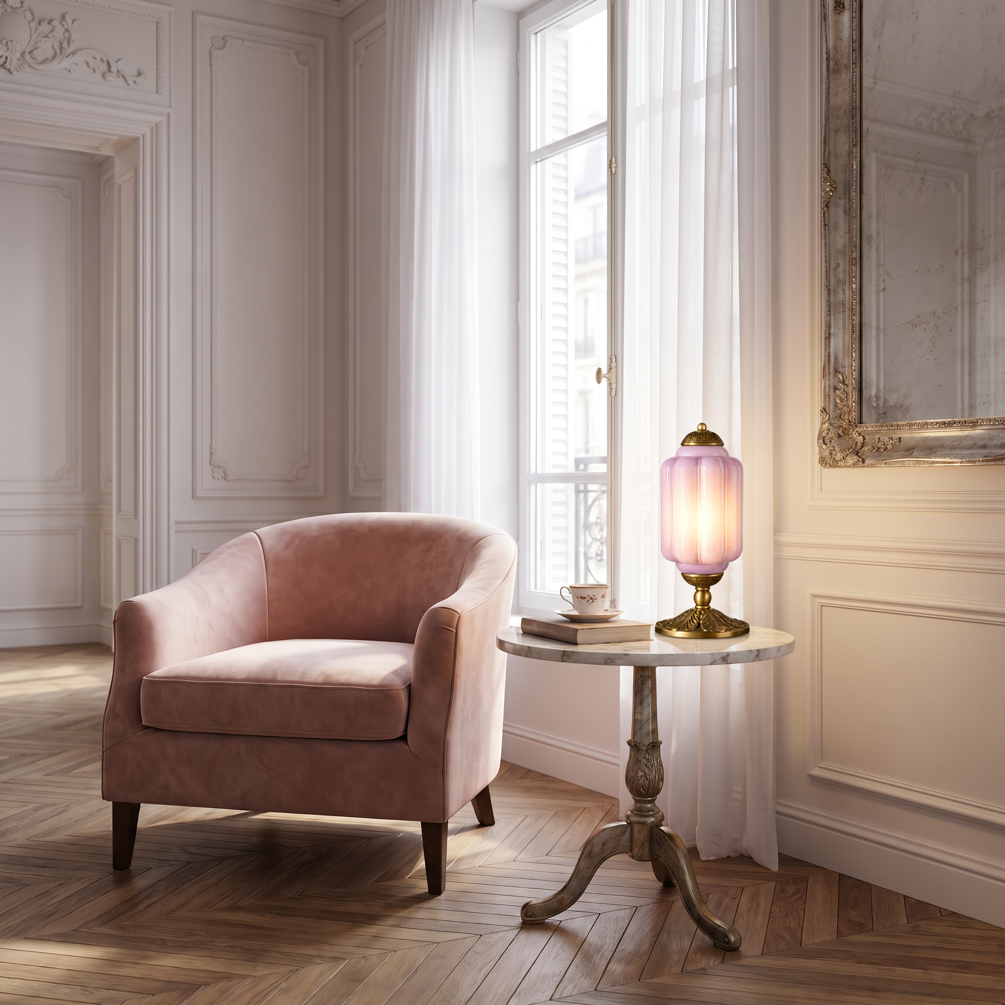 Lavender glass table lamp on a marble side table beside a blush armchair