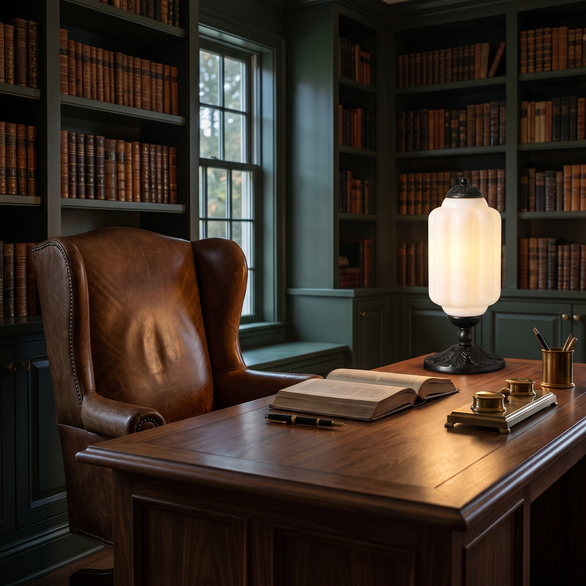 White glass table lamp with black base on a walnut desk in a library