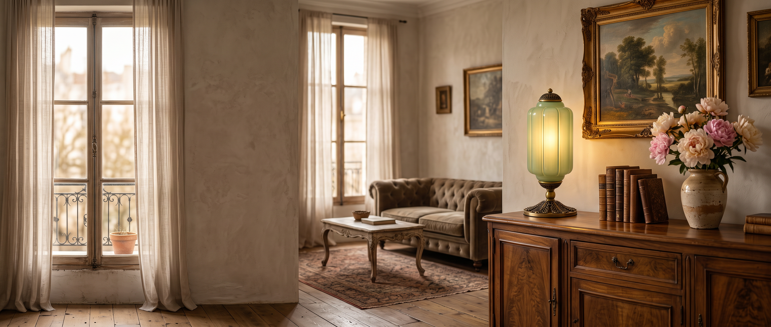 Green glass table lamp on a walnut sideboard in a French living room