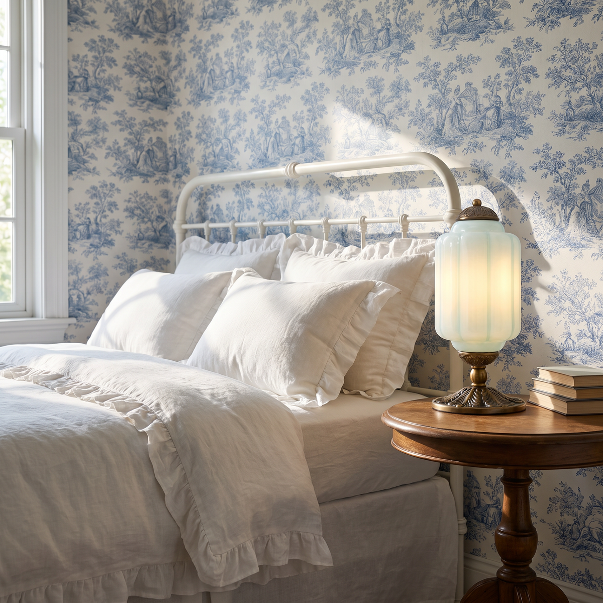 Blue glass table lamp on a bedside table in a toile bedroom