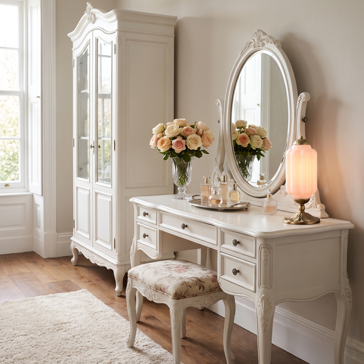 Opalina Fiorita fluted glass table lamp in blush pink with brass base glowing on a white French dressing table beside an oval mirror