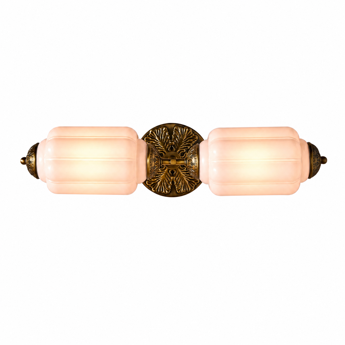 Raggiera Deco vanity light with pink glass shades and brass sunburst plate