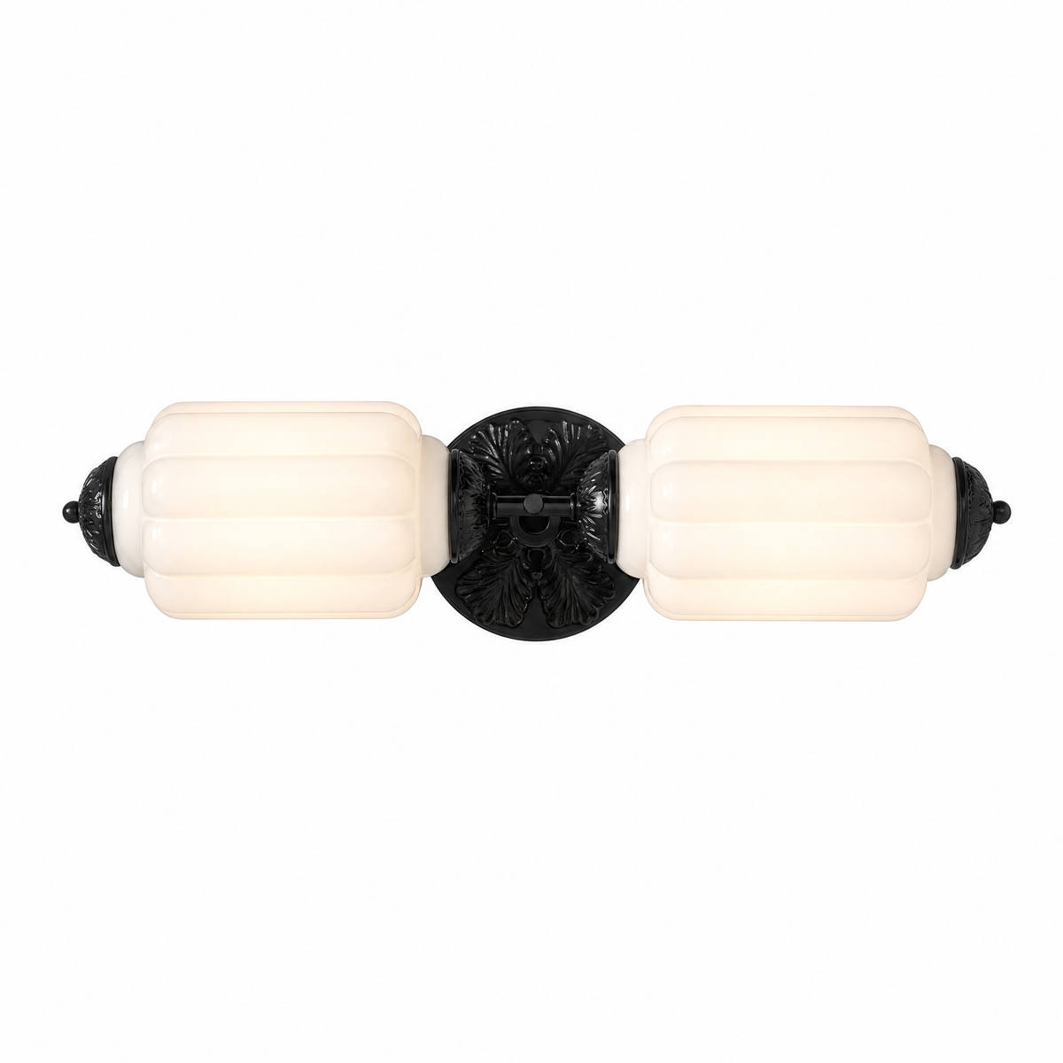 Raggiera Deco vanity light with white milk glass shades and black sunburst plate