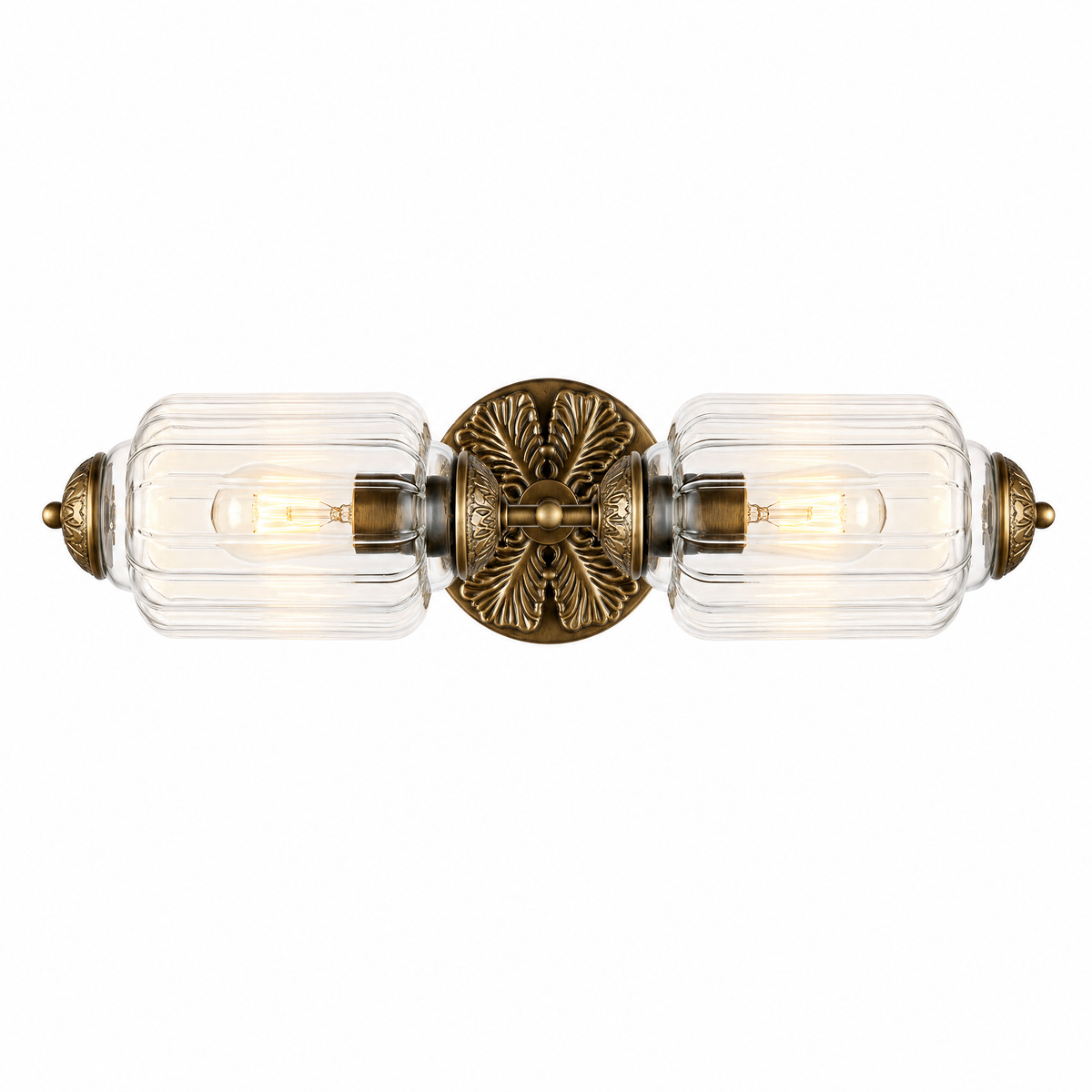 Raggiera Deco vanity light with clear ribbed glass shades and brass sunburst plate