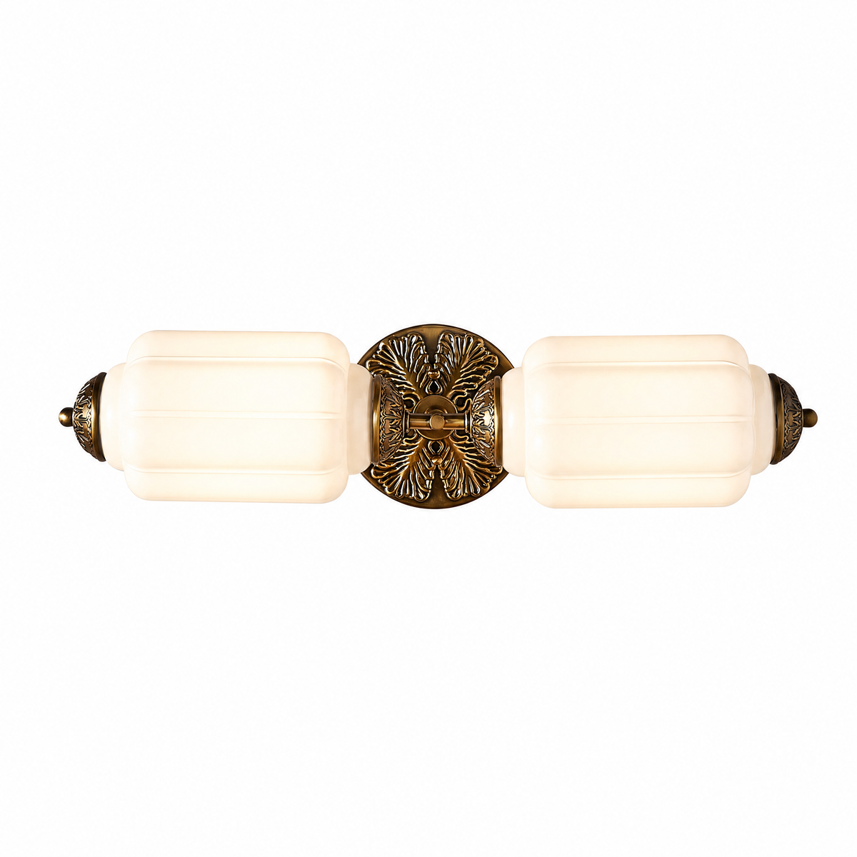 Raggiera Deco vanity light with white milk glass shades and brass sunburst plate