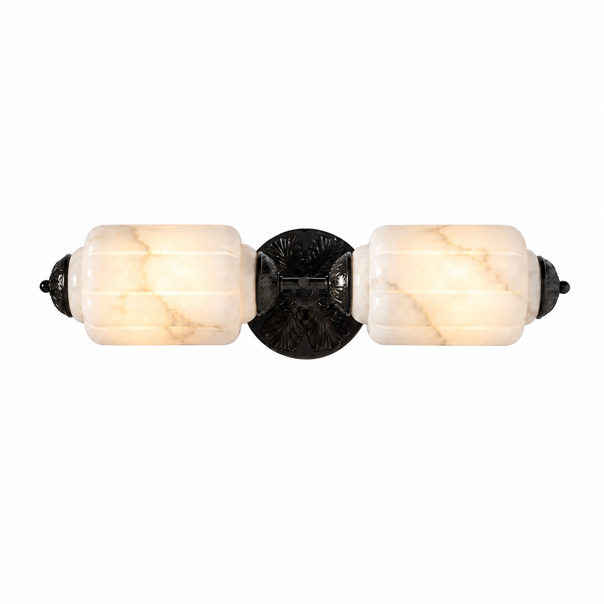 Raggiera Deco vanity light with alabaster shades and black sunburst plate