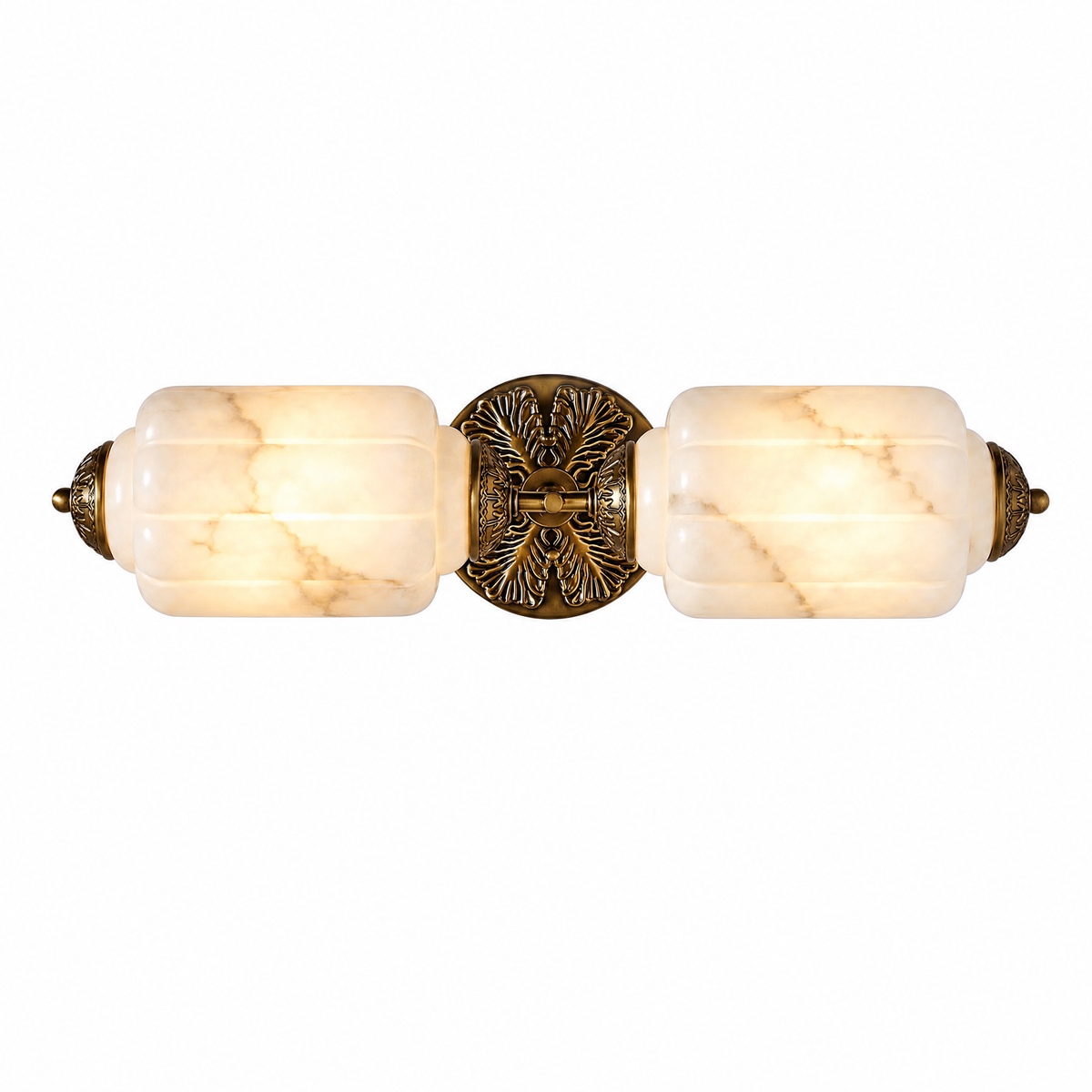 Raggiera Deco vanity light with alabaster shades and brass sunburst plate
