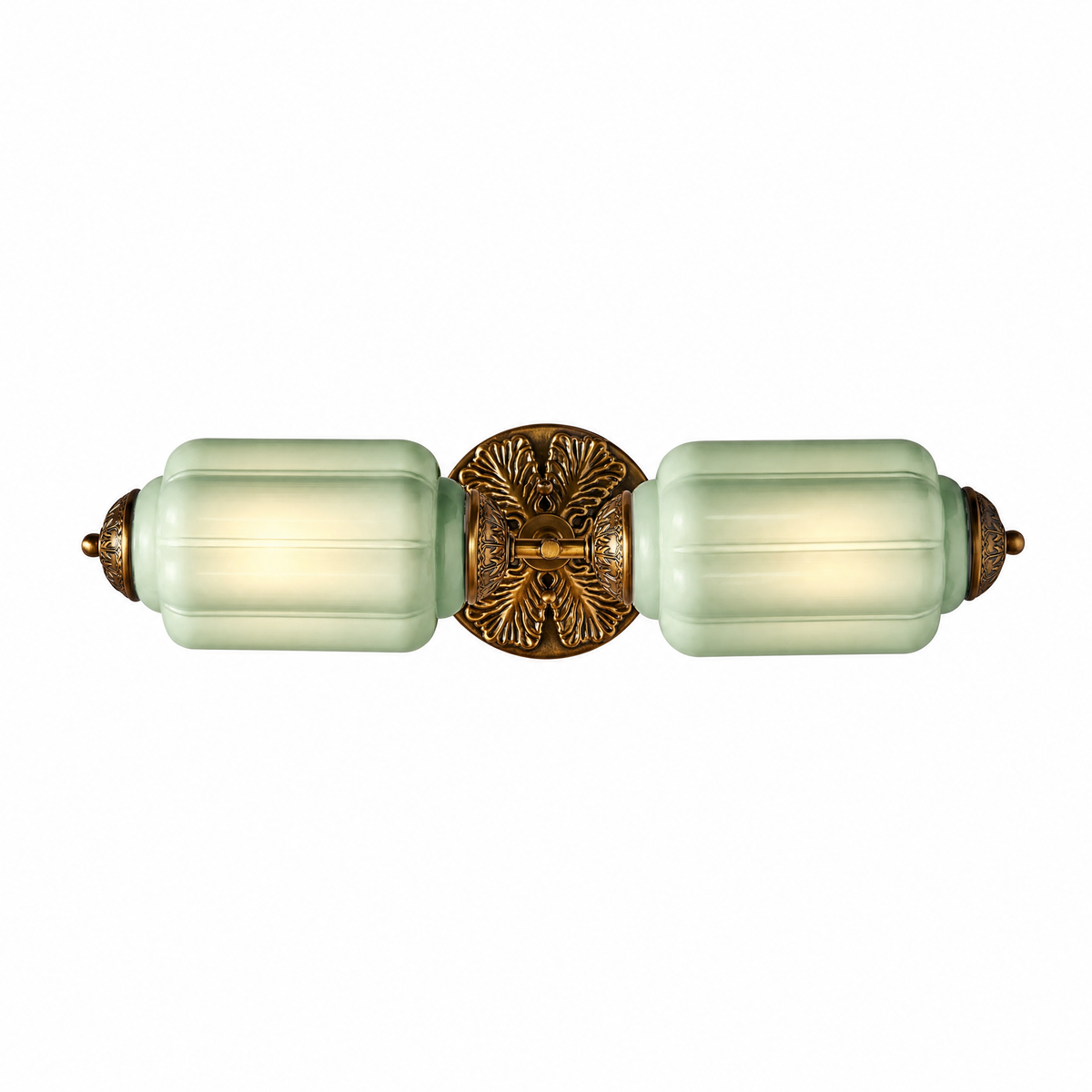 Raggiera Deco vanity light with sage green glass shades and brass sunburst plate