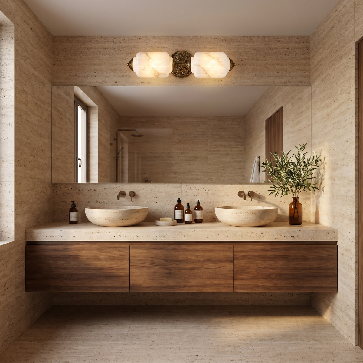 Alabaster vanity light with brass sunburst plate above a walnut double vanity in a travertine bathroom