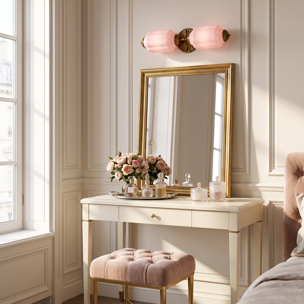 Pink glass Art Deco vanity light glowing above a gilt mirror on a cream dressing table