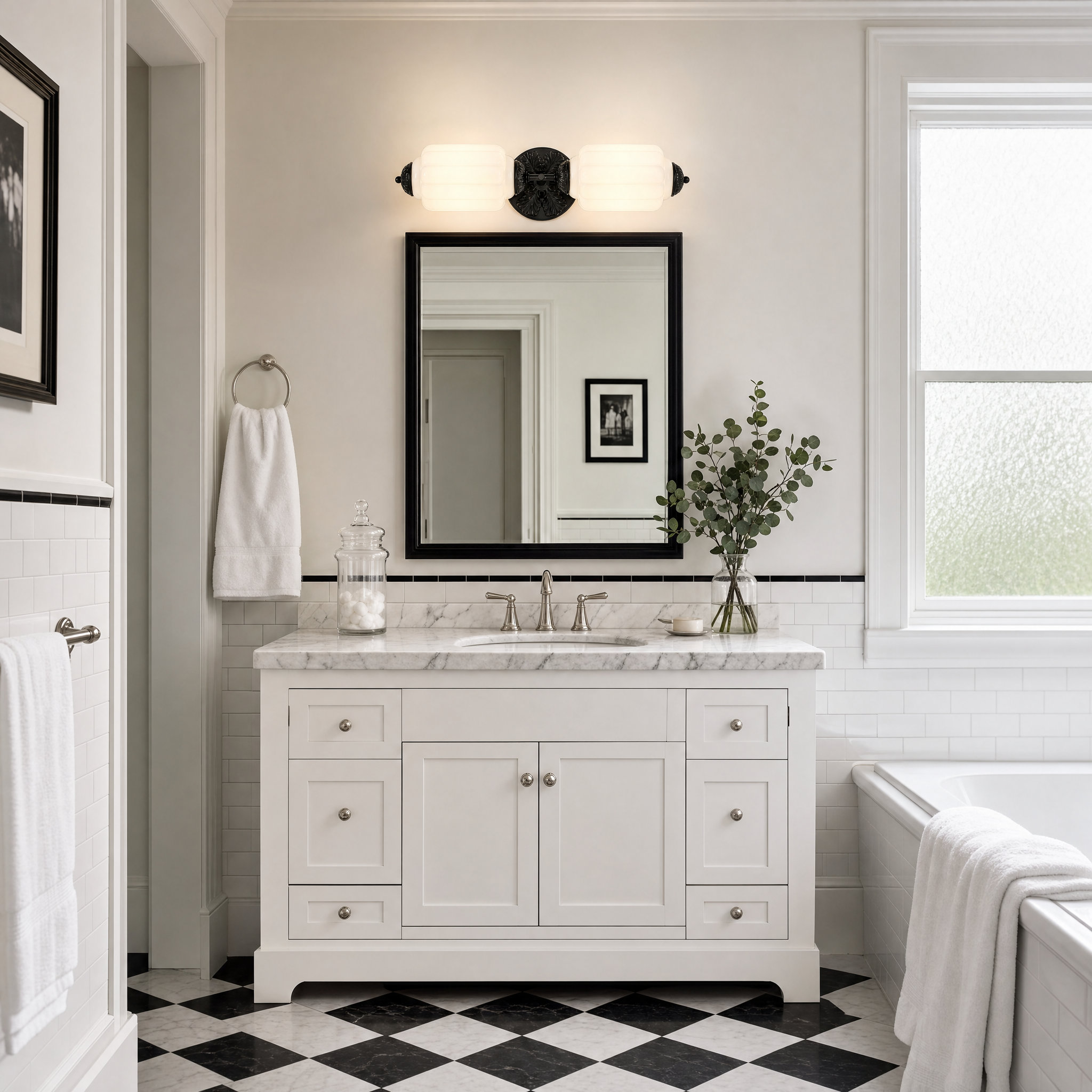 White milk glass vanity light with black sunburst plate above a black mirror in a classic black-and-white bathroom
