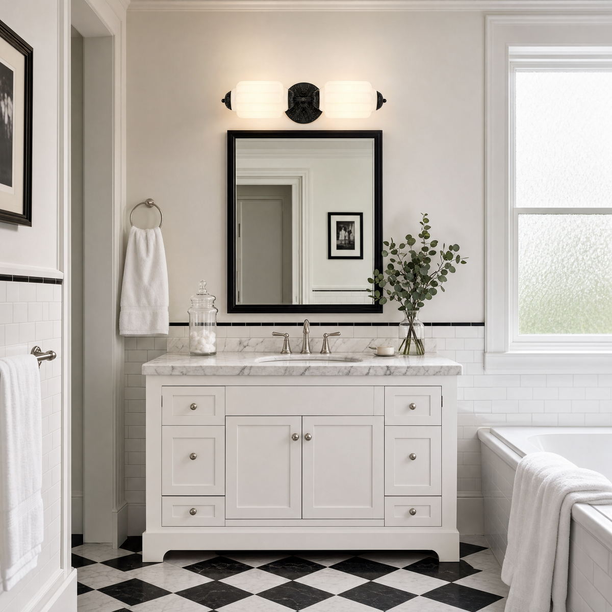 White milk glass vanity light with black sunburst plate above a black mirror in a classic black-and-white bathroom