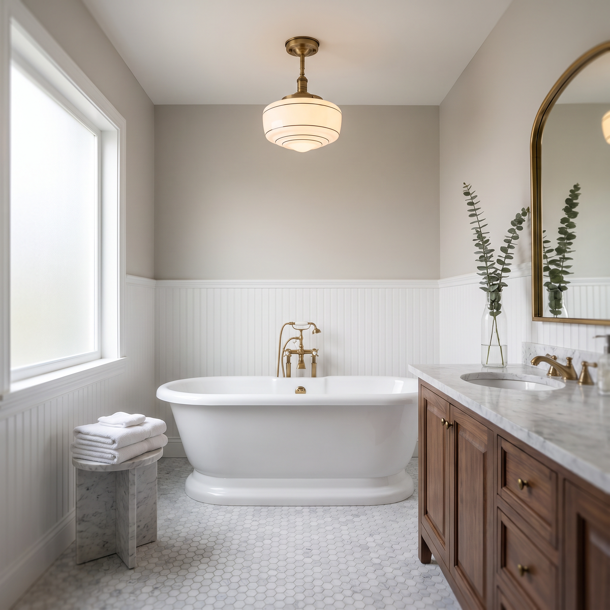 Schoolhouse semi-flush ceiling light above a freestanding tub in a classic marble bathroom