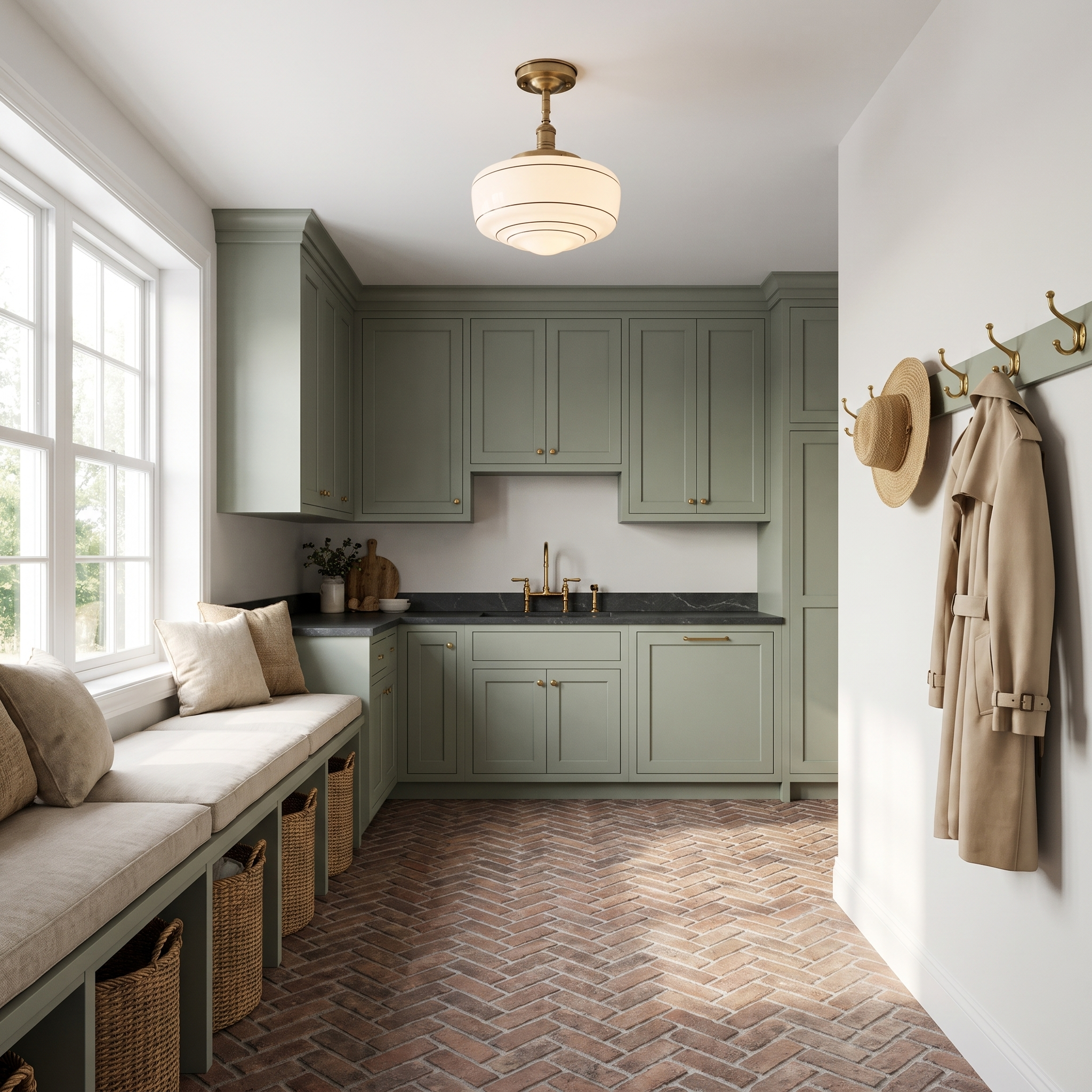 Schoolhouse semi-flush ceiling light in brass and milk glass glowing in a sage green mudroom