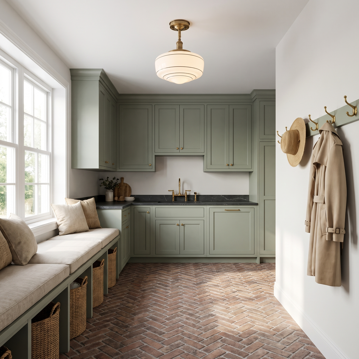 Schoolhouse semi-flush ceiling light in brass and milk glass glowing in a sage green mudroom