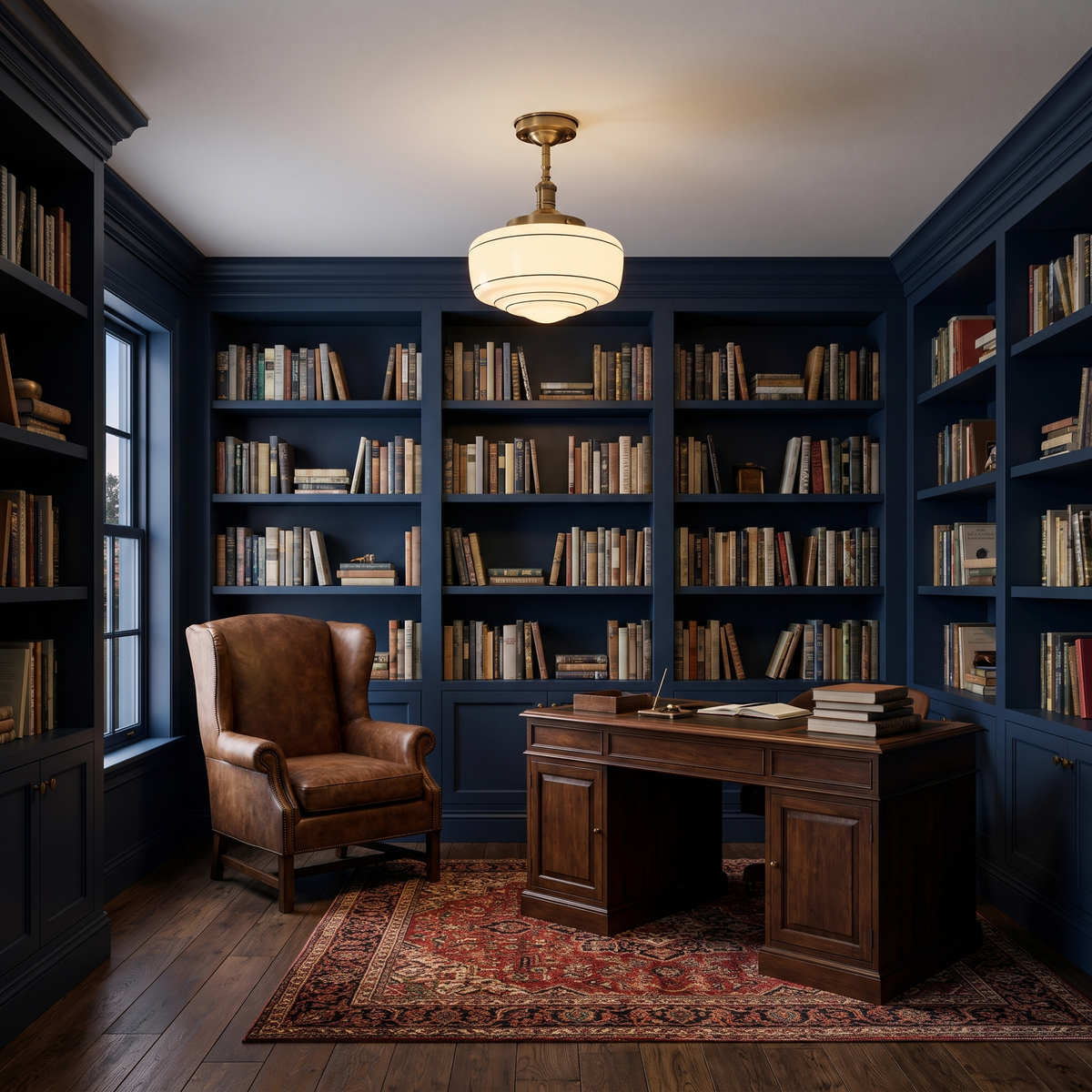 Schoolhouse semi-flush ceiling light glowing in a navy home library with a leather wingback chair