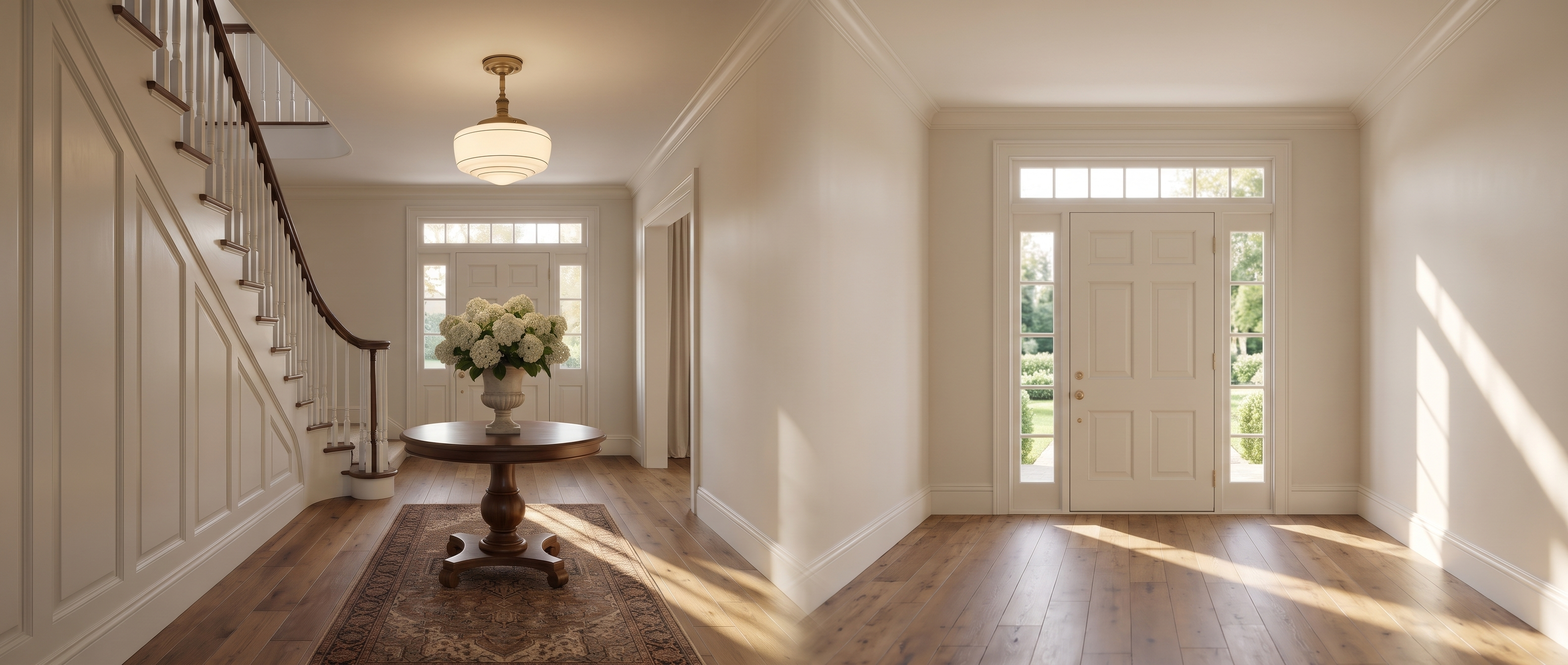 Schoolhouse semi-flush ceiling light above a pedestal table in a sunlit entry foyer