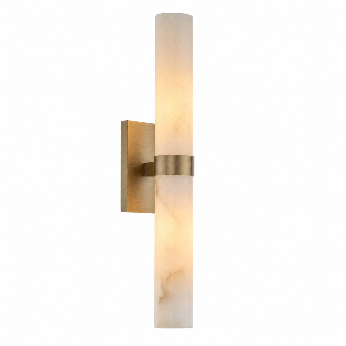 Stelo Alabastro tube wall sconce with alabaster shade and tumbled brass hardware