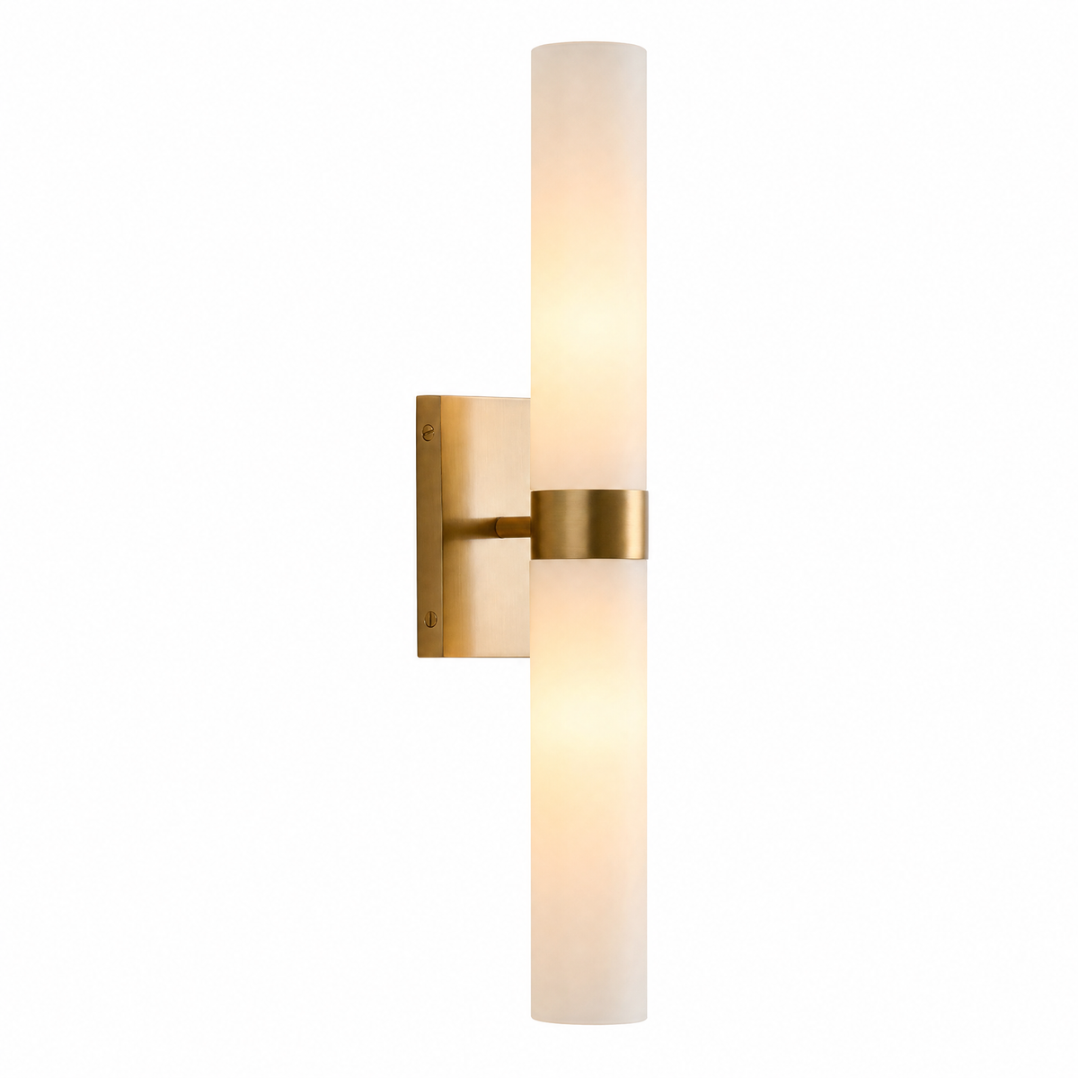 Stelo Alabastro tube wall sconce with frosted glass shade and tumbled brass hardware
