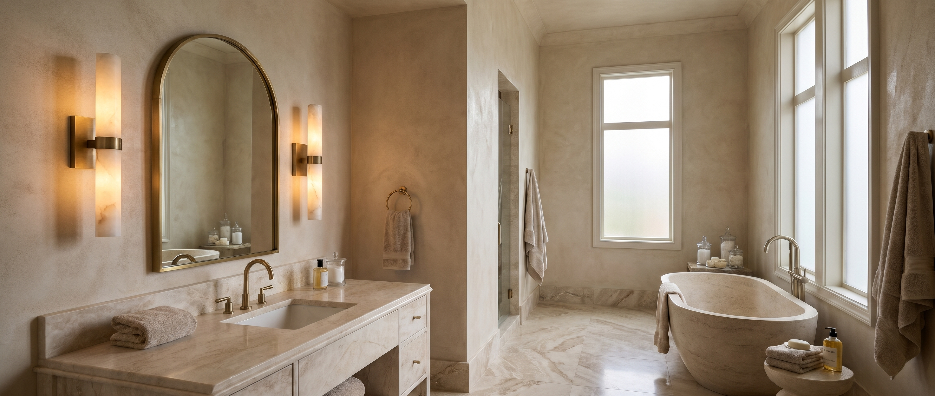 Pair of alabaster tube sconces flanking an arched brass mirror in a marble spa bathroom