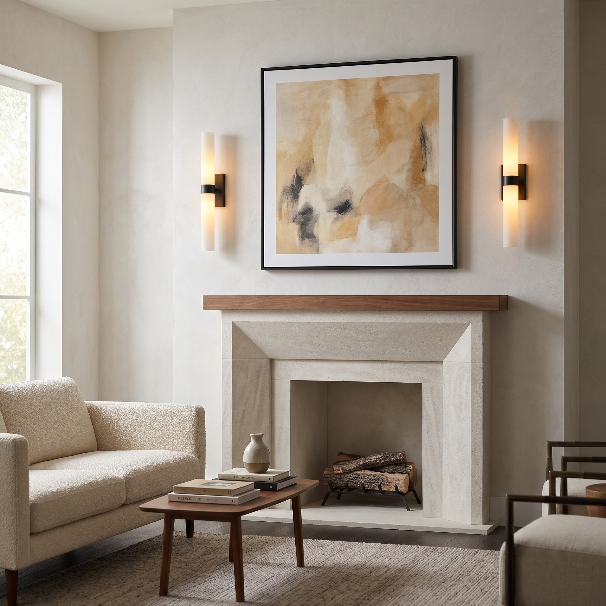 Pair of frosted glass tube sconces in matte black flanking artwork above a limestone fireplace