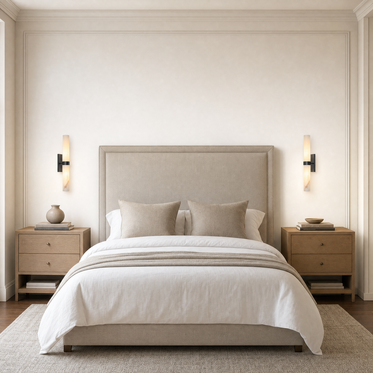 Pair of alabaster tube sconces in matte black flanking a linen headboard in a calm bedroom