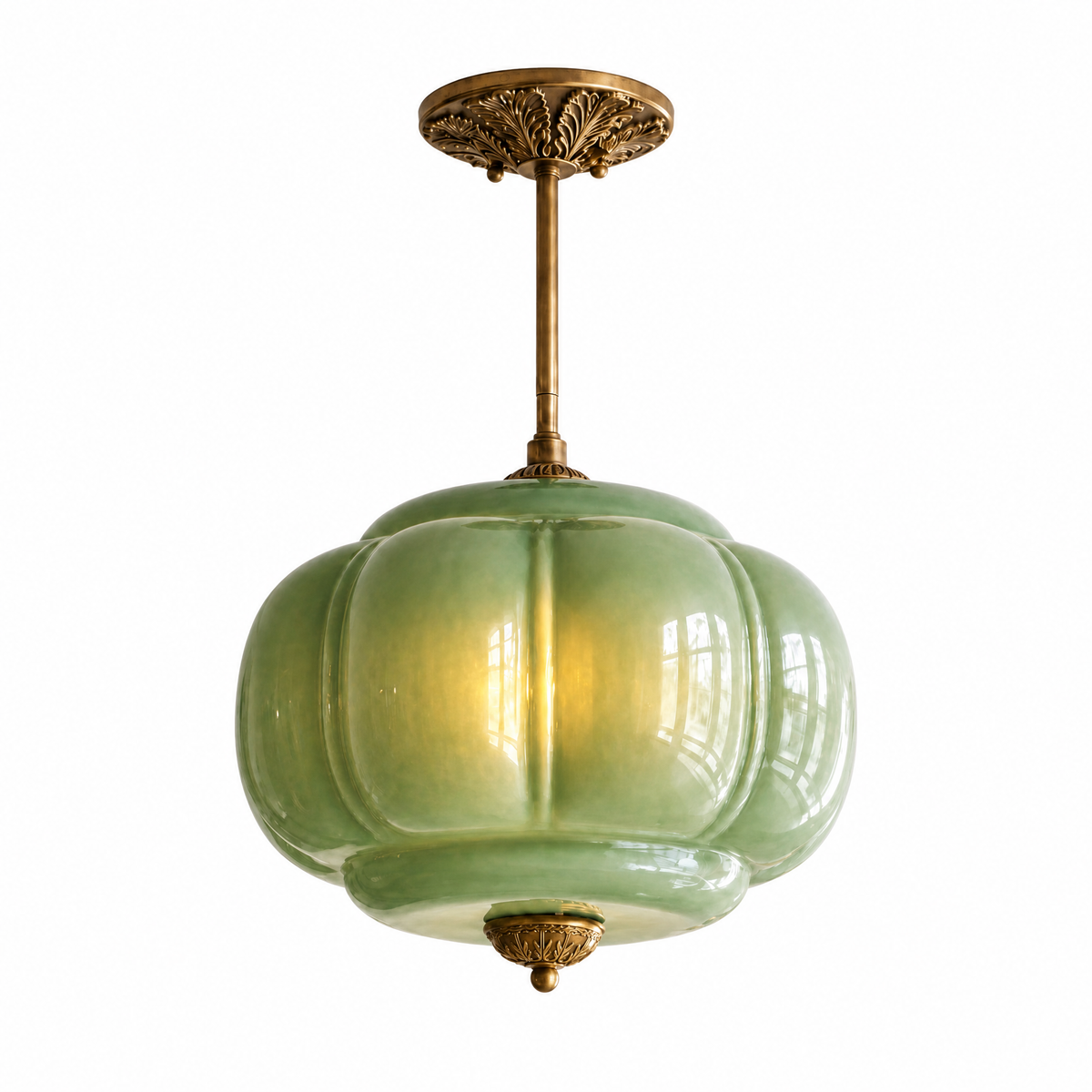 Zucca Lucente semi-flush pendant with green fluted glass and antique brass