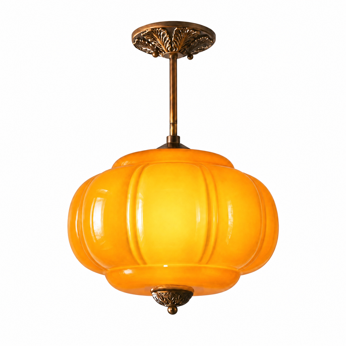 Zucca Lucente semi-flush pendant with orange fluted glass and antique brass