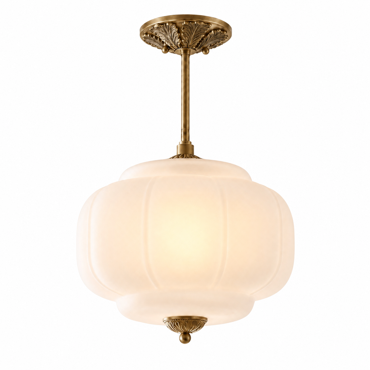 Zucca Lucente semi-flush pendant with frosted white fluted glass and antique brass