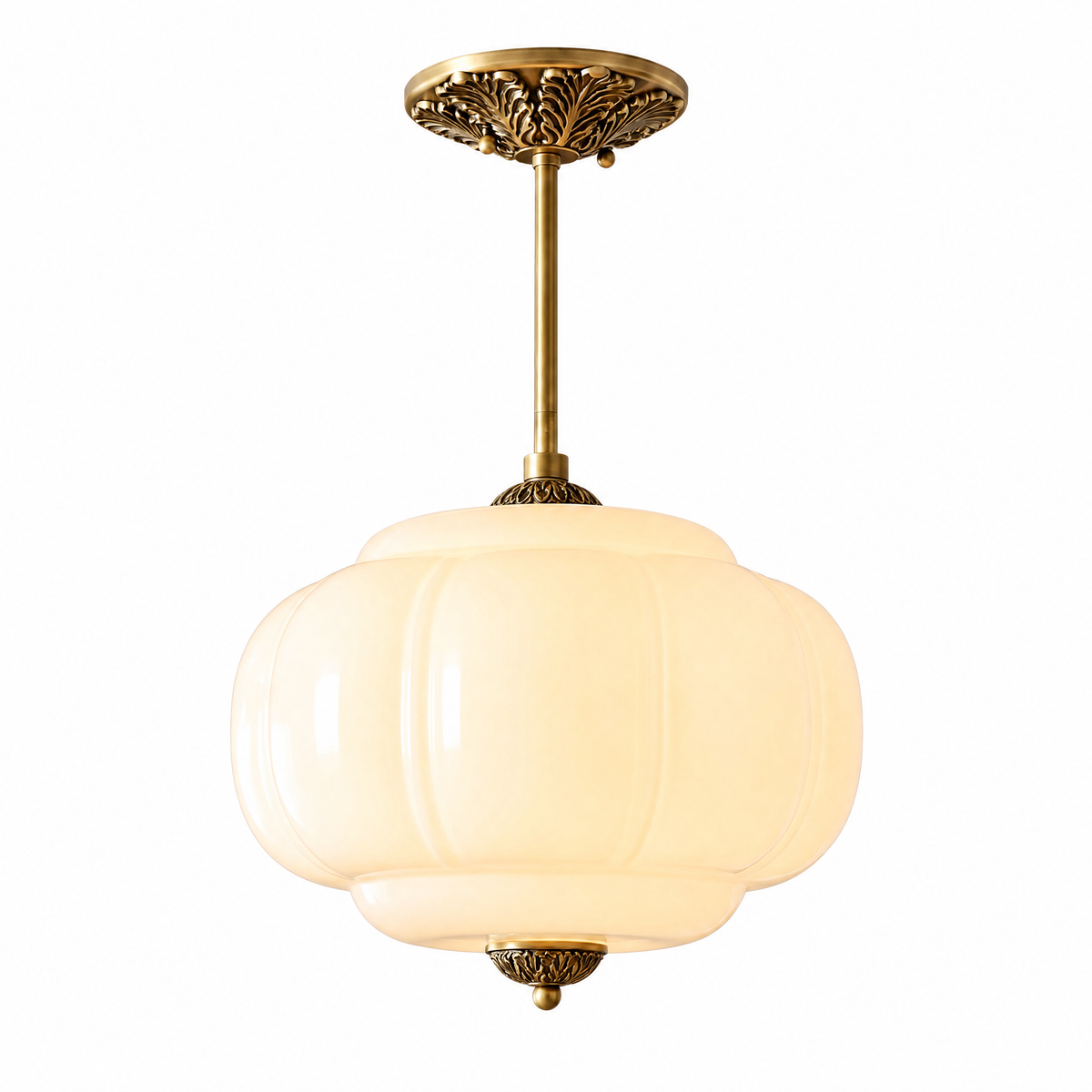 Zucca Lucente semi-flush pendant with white opal fluted glass and antique brass
